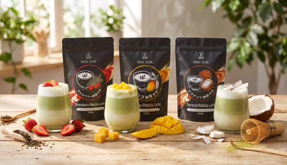 Matcha latte Mary Rose – matcha aromatizado com fruta e coco