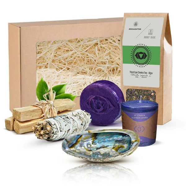 Conjunto de oferta para Chacra Erceiro Olho (Ajna): chá de chakra + incenso + vela