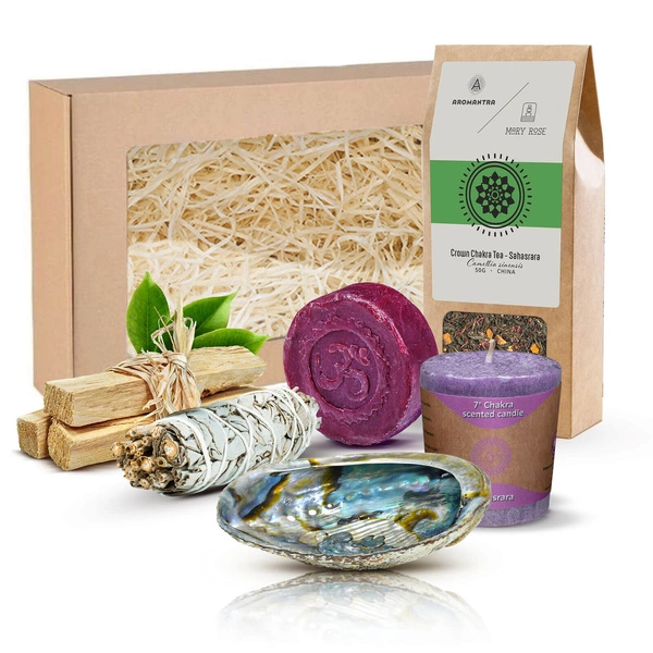 Conjunto de oferta para Chacra Coronário (Sahasrara) chá de chakra + incenso + vela