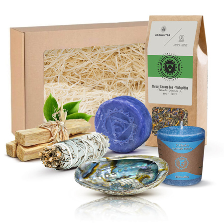 Conjunto de oferta para Chacra Laríngeo (Vishuddha) chá de chakra + incenso + vela