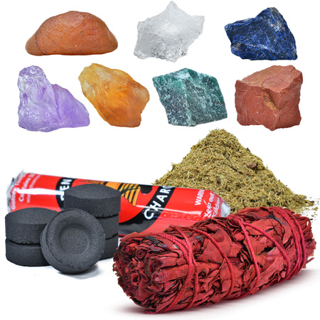 Conjunto de pedras naturais, cristais e incenso - esoterismo, yoga, meditação